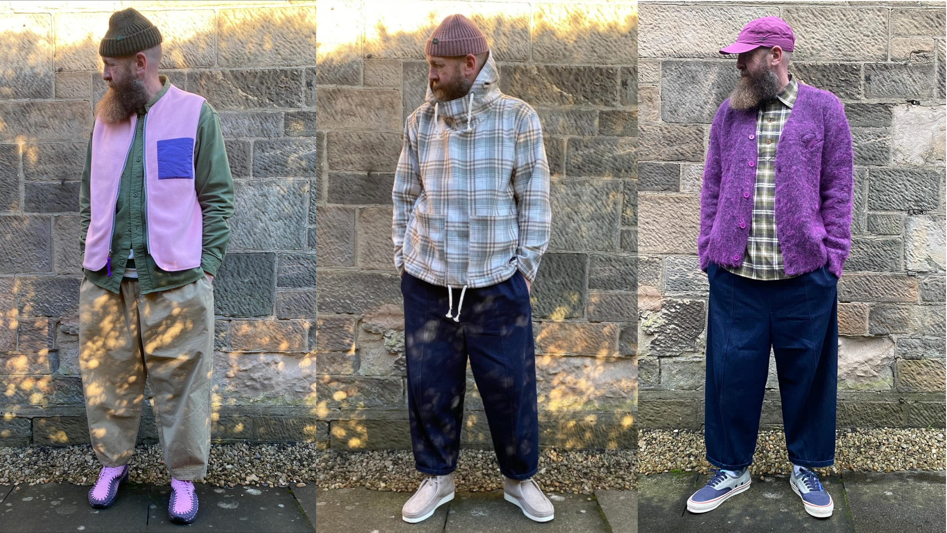 Three different whitehill mercantile co outfits with layering, volume baggy fit trousers and pops of colour