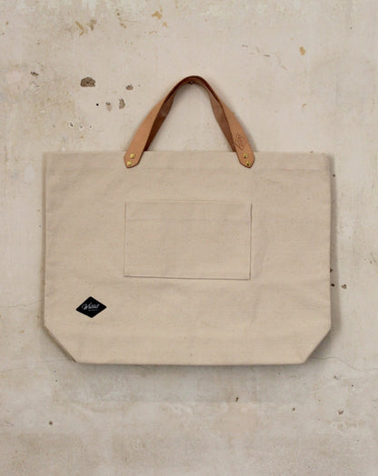 Natural Cotton Bag with leather handles, front view with pocket